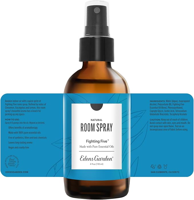 Edens Garden Fighting Five Natural Room & Linen Spray – 100% Pure Essential Oil Room Mist for Odor Removal & Plant-Powered Freshness – Non-Toxic, Long-Lasting Air Freshener for Home, 4 fl oz (118 ml)