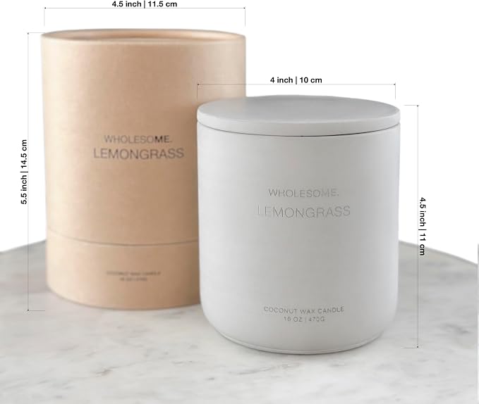 WHOLESOME. Lemongrass Scented Non-Toxic Candles for Home, 2 Wicks Natural Coconut Wax Candle Eco-Friendly, Luxury Aromatherapy Candles Stress Relief, 16 oz Large Concrete Jar, 90 Hours Burn