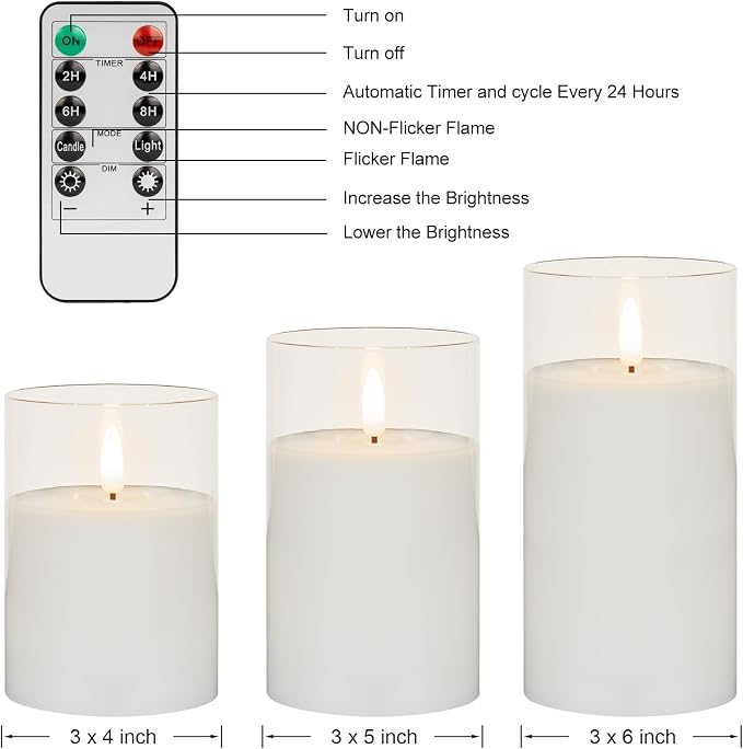ANGELLOONG Glass Flameless Candles with Remote, White Battery Operated Candles with Timer, Electric Fake LED Candles for Bedroom Farmhouse Bathroom Coffee Table Decor, Clear