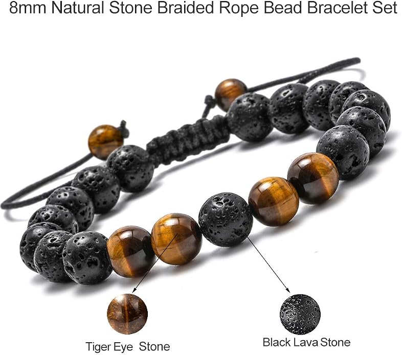 M MOOHAM Mens Bracelet - Beaded Natural Stone 8mm Tiger Eye Matte Agate Lava Rock Bracelets for Men Teen Boys Grandpa Dad Birthday Gifts Jewelry