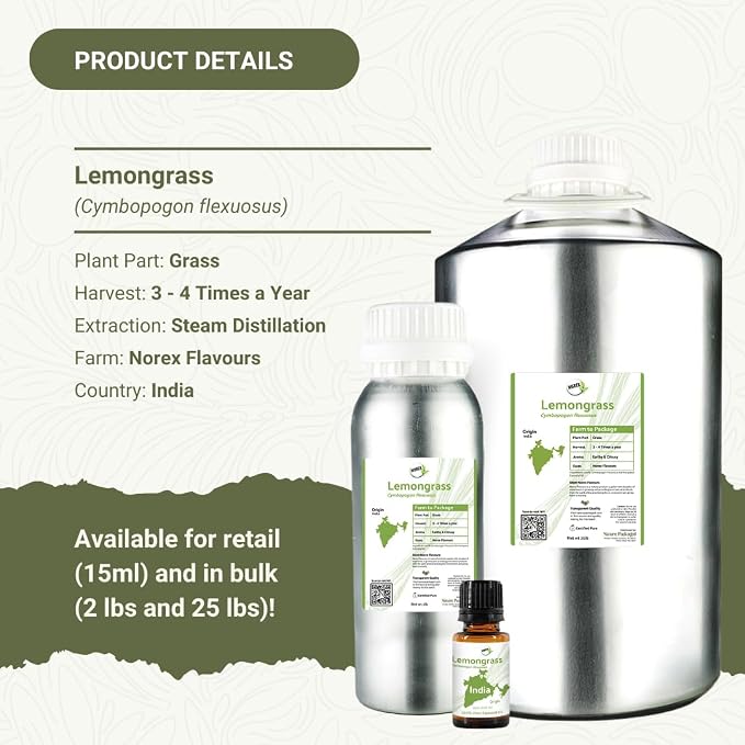 Lemongrass Essential Oil - Natural Aceite de Hierba Limón from Norex Flavours India - Lemongrass Essential Oils for Hair, Aromatherapy and Massage - 8oz