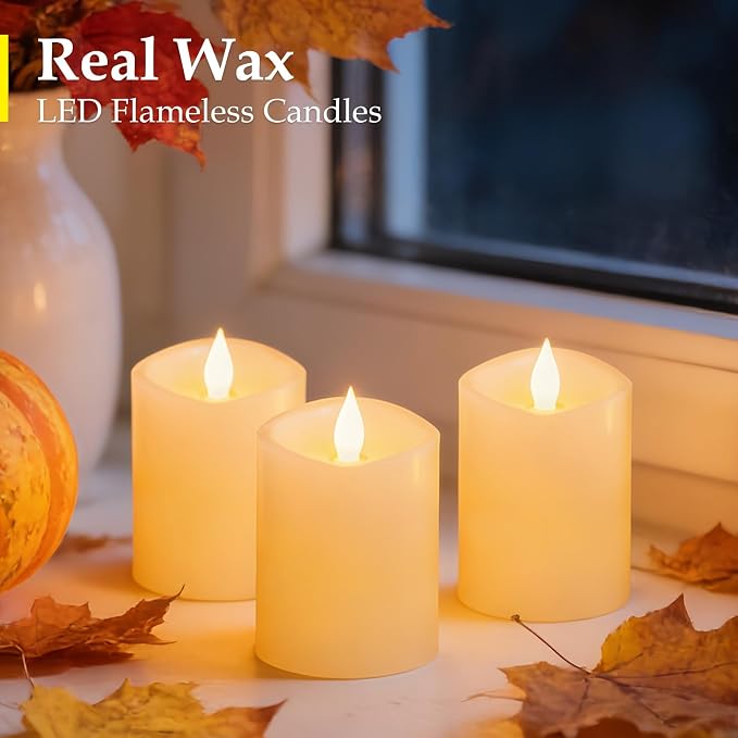 3x4 inch Flameless Candles: Realistic Flameless LED, Battery-Powered Pillar Candles with Remote & Timer, Fake Candles for Fall Decor, (Ivory, 3"*4"-3pcs)