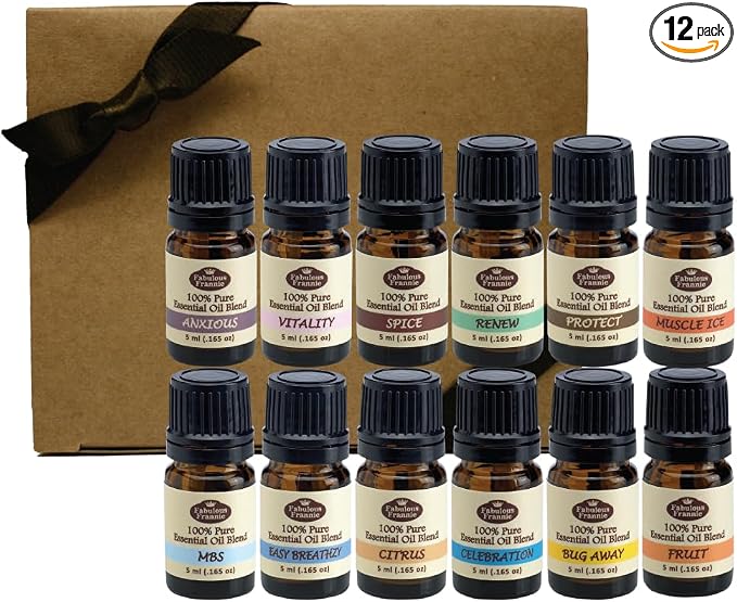 Fabulous Frannie Essential Oil Blend Starter Set 12 Pure Aromatherapy Blends (5ml Each) Bug Away, Muscle Ice, Celebration, Easy Breathzy, Mind Body Soul, Protect, Renew, Vitality, Citrus, Fruit, Spice