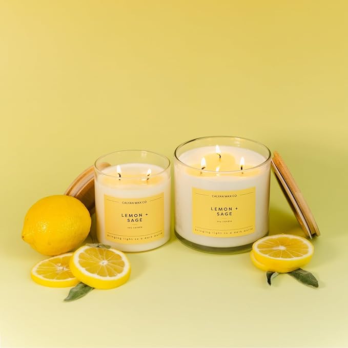 Calyan Wax Co. Lemon & Sage 2 Wick Scented Candle - 37 Hour Burn - Luxury Clean Soy Wax Candles - Long Lasting Large Glass Jar Candle for Home - 8.8oz
