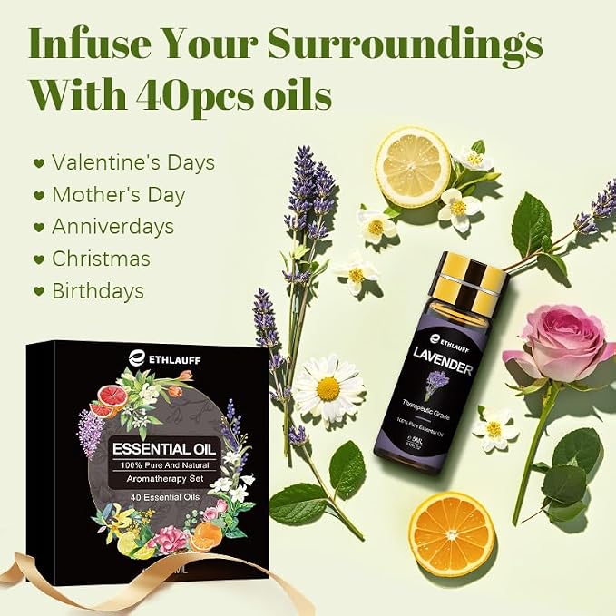 Essential Oils Set 40 Pcs, Perfect for Diffuser, Humidifier, Massage, Soap, Candle Bath Bombs Making, 40 * 5ML(0.17oz) - Gift for Aromatherapy Lover
