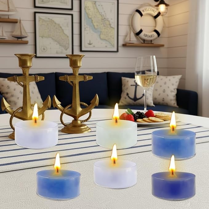 Sea Salt Scented Tea Light Candles 12 Pack Gradient Blue Hand Poured Smokeless 4 Hours Clean Burning Small Round Clear Cup Tealight Candles for Nautical Dinner Wedding Spa Yoga Meditation Cozy Evening