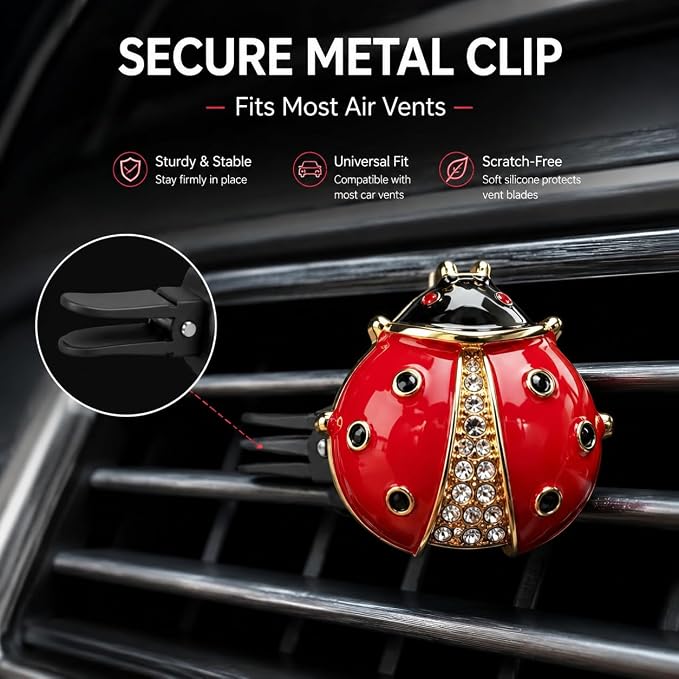 Ladybug Car Air Freshener Clip, Rhinestone Vent Decor | DIY drift car air freshener with bling ladybug. Car accessories for vent, refillable car fresheners for women.