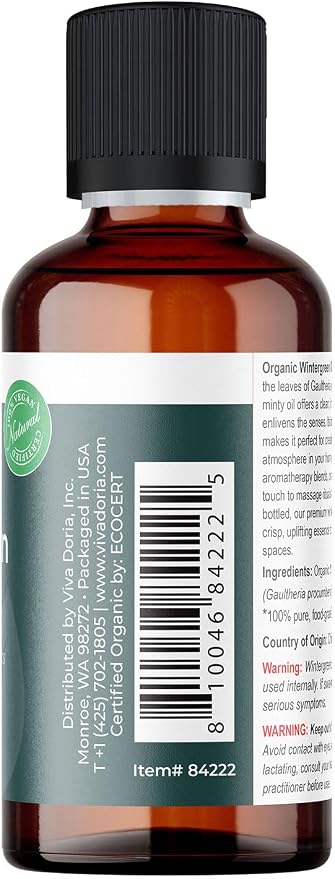 Viva Doria Wintergreen Essential Oil, USDA Certified Organic Wintergreen Oil, 100% Pure, Natural Essential Oil, Undiluted, for Aromatherapy | Food Grade, 30 mL (1 Fluid Ounce)