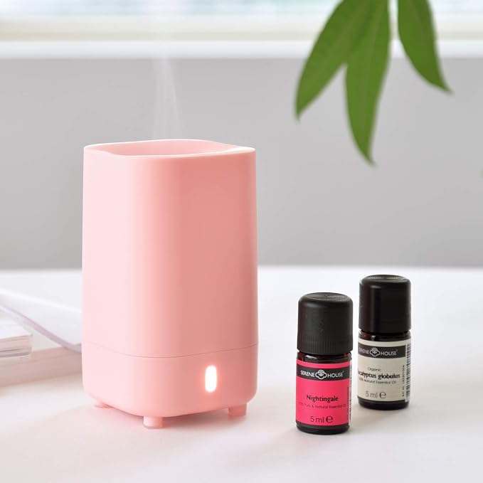 Serene House Ultrasonic Ranger Aromatherapy Essential Oil Cool Mist Diffuser – USB-Powered, Travel-Size Diffuser with Automatic Shut-Off – Pink, 60ml