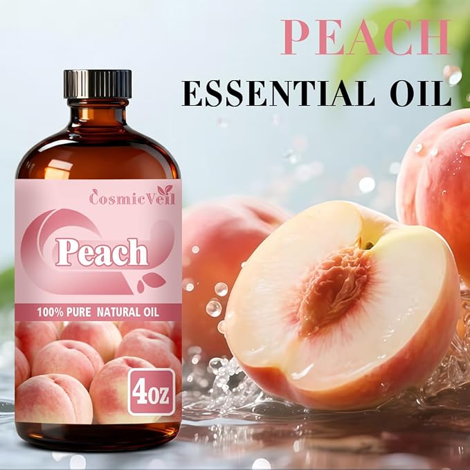 Peach Essential Oil Peach Oil for Aroma Diffuser,Humidifier,Home Fragrance,Cleaning,Body Care,Massage,Yoga,DIY Candle,DIY Soap CosmicVeil（Peach，4 Fl Oz (Pack of 1)）
