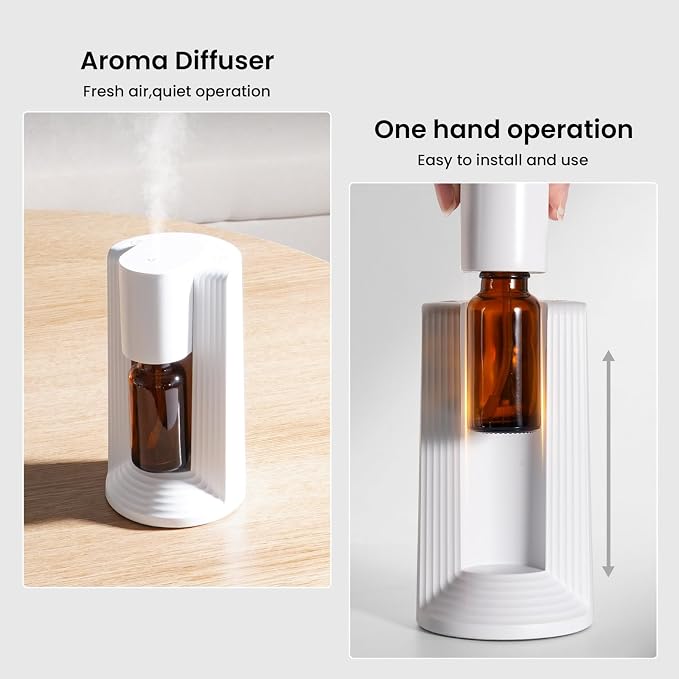 Waterless Essential Oil Diffuser, Portable Aromatherapy Diffuser, Fit for 10-20mL Essential Oil Bottles, 3 Timer & 3 Mist Level, Rechargeable Mini Scent Diffuser for Home, Room, Car and Office (White)
