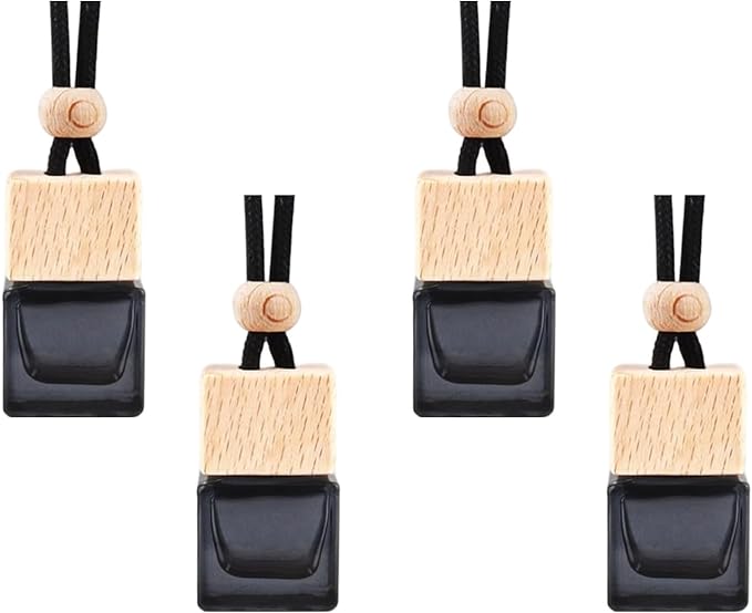 4 Pcs Hanging Car Air Freshener Bottles, Empty Black Glass Diffuser with Essential Oil - Refillable Aromatherapy Pendant for Auto, Home, Office Decor (Square, Cube Shape)