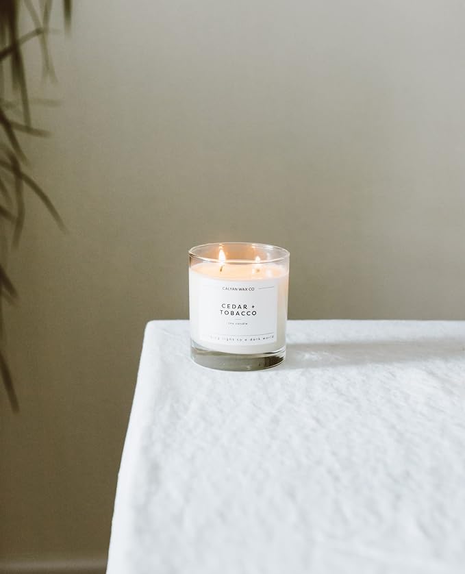 Calyan Wax Co. Cedar & Tobacco 2 Wick Scented Candle - 37 Hour Burn - Luxury Clean Soy Wax Candles - Long Lasting Large Glass Jar Candle for Home - 8.8oz