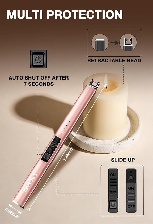 RAYONNER Lighter Electric Candle Lighters Rechargeable USB Lighter Arc Lighters for Candle Camping (1Pack, Rose Gold)
