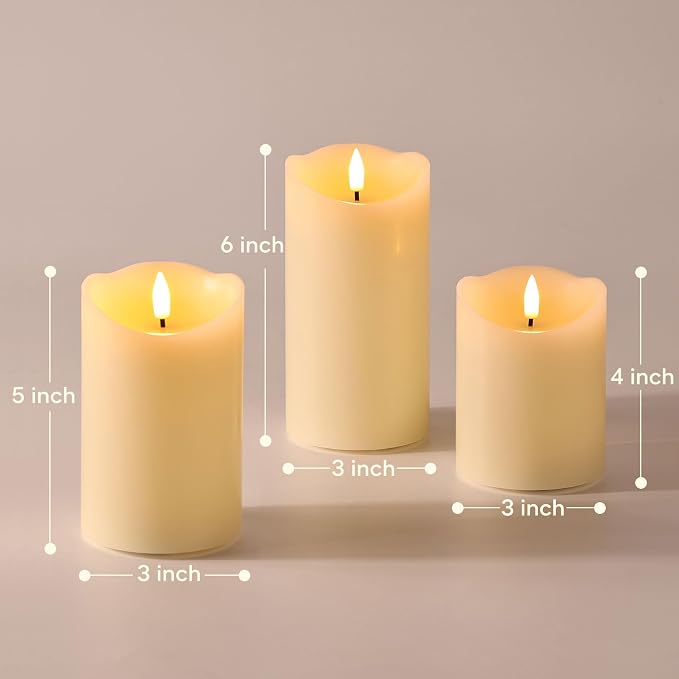 Ivory Flameless Pillar Candles with Remote, LED Candles Battery Operated, Real Wax Electric Candles Flickering Set of 3