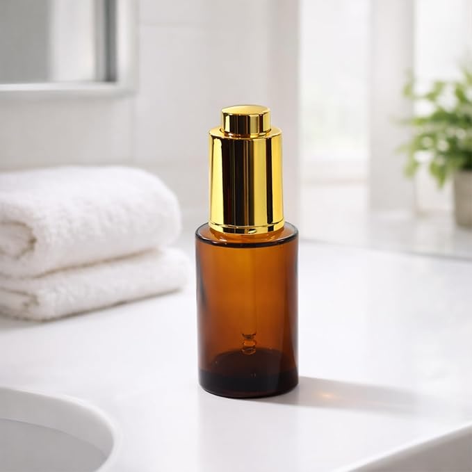 4Packs 30ml/1Oz Amber Glass Pump Dropper Bottles Refillable Skincare Serum Containers with Gold Press Pump Glass DropperPump For Essential Oils, Face Serum, Cosmetics, DIY Beauty, Travel