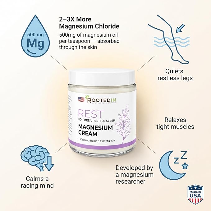 Rooted in Rest Magnesium Lotion for Sleep – Science Backed Sleep Aid – 2X More Magnesium Chloride – Fast, Effective Relaxation with Lavender, Passion Flower & Chamomile - Made in USA – 4 oz