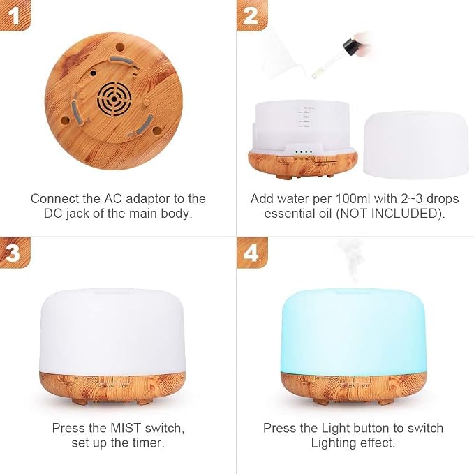 MADETEC Aromatherapy Essential Oil Diffuser Humidifier, 500ML Ultrasonic Cool Air Mist Humidifier with Remote Control, Auto Shut-off, Timers Setting for Baby Bedroom Home Office Room