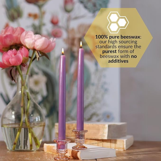 Big Dipper Wax Works Lilac Purple Hand-Dipped Beeswax Taper Candles – 12” x 7/8”, 2-Pack, 100% Pure Beeswax, Long Burning, Clean, Cotton Wick, Handmade in USA, Home Décor & Wedding Candles