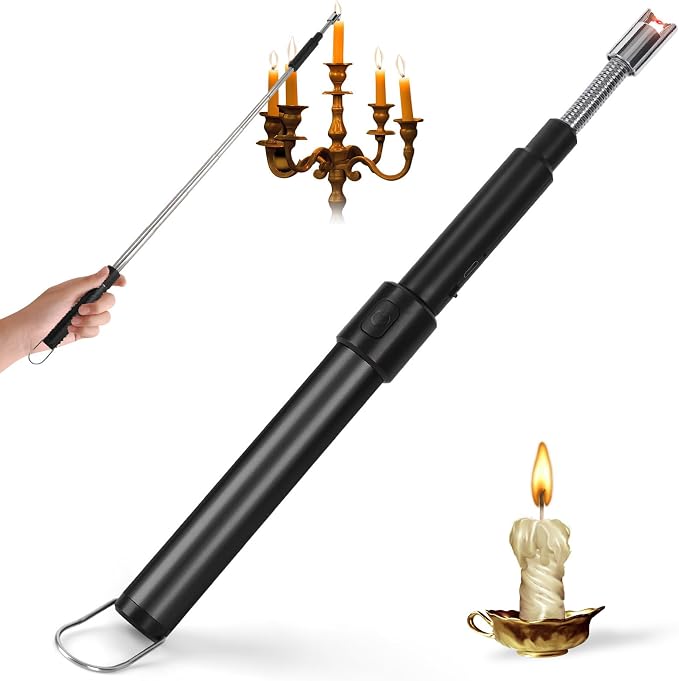 Candle Arc Lighters Long Flexible Neck 70cm Rechargeable Telescopic Electric Flameless Lighter for Kitchen Fireplace Pilot Light BBQ Stove (Black)