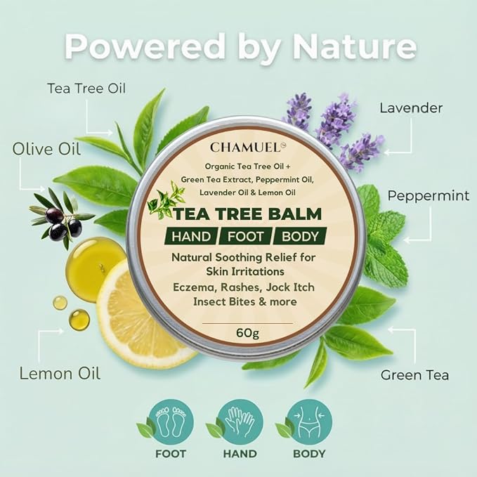 Chamuel Tea Tree Oil Balm – All Natural Moisturizing Cream for Dry Skin, Rough Hands, Cracked Heels, Cuticles & Feet – Hydrating Body Balm for Women & Men, 2-Pack