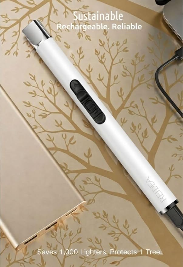 REIDEA USB Candle Lighter, Windproof Flameless Electronic Rechargeable with Safety Protector Button for Home Candle Outdoor Activities (White)