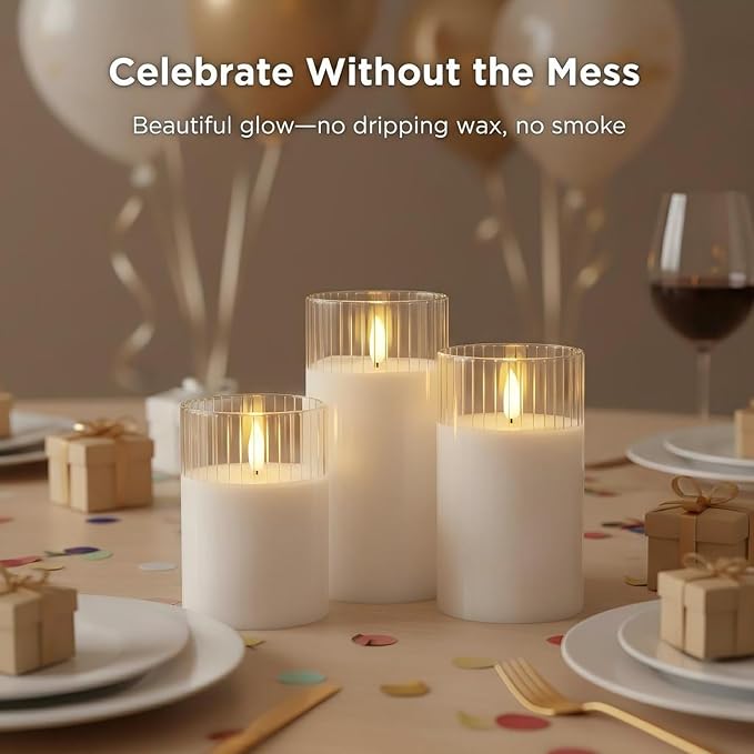 ANGELLOONG White Flameless Candles with Timer, Glass LED Pillar Candle with Remote, Set of 3 Battery Operated Candles for Bathtub Bathroom Coffee Table Decor