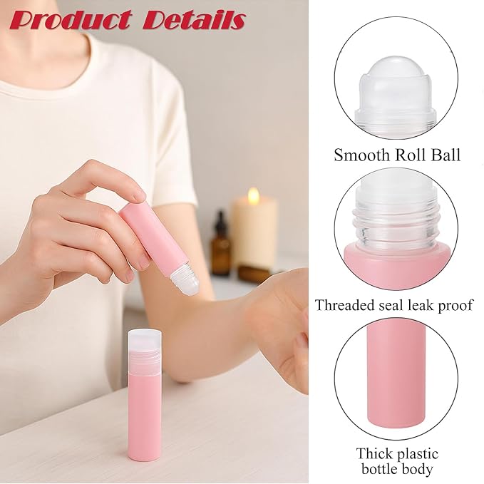 5ml Pink Plastic Roller Bottles with Clear Caps Refillable Roll On Containers Travel Perfume Roller Bottles for Essential Oils, Perfume, Lip Balm, DIY Cosmetics – Set of 10