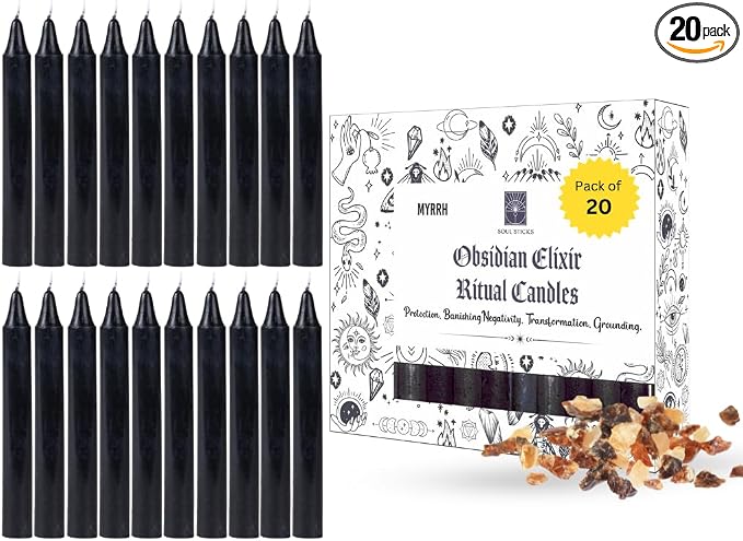 SOUL STICKS 4" Scented Ritual Candles Chime Taper Premium Candles 20 pcs for Rituals, Ceremonies, Meditation, Altar and Spells (Black/Myrrh)