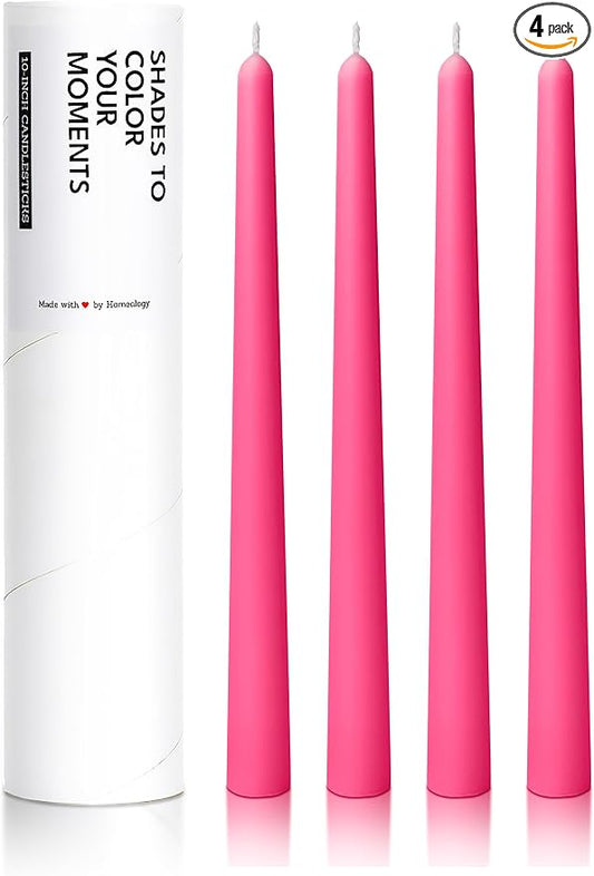 10" Classic Taper Candles, Hot Pink, 4-Pack, 7-8 Hours Long Burning, Unscented Tall Candlesticks
