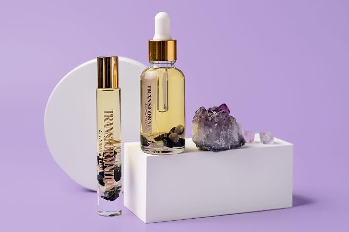 Crystal Infused Essential Oil Vial, 1 Oz, Transformation - Amethyst Crystal Infused - Scents of Jasmine, Bergamot, Vanilla, & Cedar - Aromatherapy Oils, Massage, Relaxing
