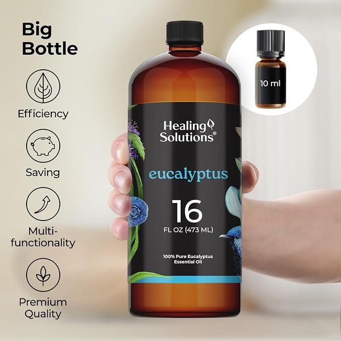 Healing Solutions Eucalyptus Essential Oil Bulk, 16oz - 100% Pure Bulk Eucalyptus Essential Oil Large Bottle for Diffusers, Home Care, Candles, Aromatherapy
