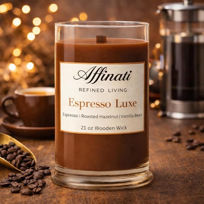 Affinati Espresso Luxe Large Scented Candle, 21 oz Wooden Wick Tumbler – Highly Fragrant Long Lasting Premium Coffee Shop Fragrance, Soy Blend