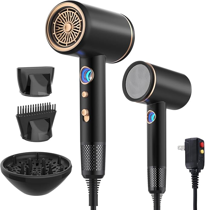 Fast-Drying Ionic Hair Dryer,1875 Watt High-Speed Ionic Blow Dryer with Diffuser/Concentrator/Comb Nozzle,LED Temp Display,Intelligent Temp Control,Low Noise for Home Salon Travel (Black)