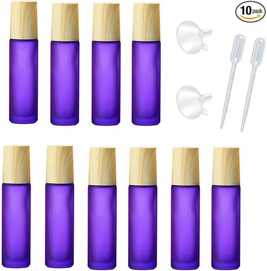 10 Pcs Frosted Glass Essential Oils Roll on Bottles,10ml Refillable Massage Roller Bottles Perfume Bottles with Stainless Steel Ball Wood Grain Cap Empty Travel Roller Essential Oils Vials(Purple)