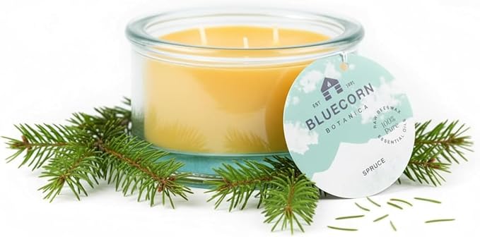 Bluecorn Botanica Beeswax 3-Wick Candle – Spruce, 100% Pure Beeswax & Essential Oils – 10oz Hand-Blown Recycled Spanish Glass – Non Toxic, Clean Burning, Refillable Glass Jar