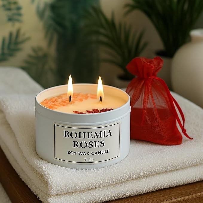 Bohemia Roses Soy Candle – 8 oz Luxury Floral Scented Candle – Romantic Rose Fragrance for Bedroom & Home Décor – Clean Burning Dual Wick – Aqua MARR