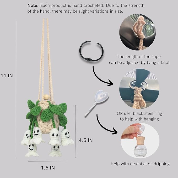 ROFIGL Handmade Crochet Hanging Car Air Freshener - Glow-in-the-Dark Lily of the Valley Plant with 12ml Refillable Essential Oil Diffuser Bottle, Halloween Car Accessories & Bedroom Nightlight Decor