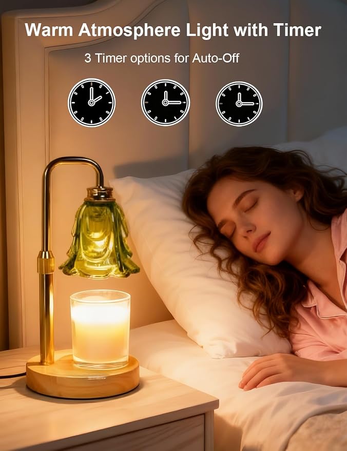 Candle Warmer Lamp, Flower Glass Candle Lamp with Timer, Birthday Gifts for Mom Women, Dimmable Height Adjustable Home Gifts, Home Decor for Home Bedroom Office Fragrance (Green Flower)