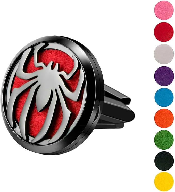 Wild Essentials Black Chrome Spider Essential Oil Car Vent Diffuser, Stainless Steel Locket Pendant with 8 Color Refill Pads, Customizable Color Changing Air Freshener for Aromatherapy