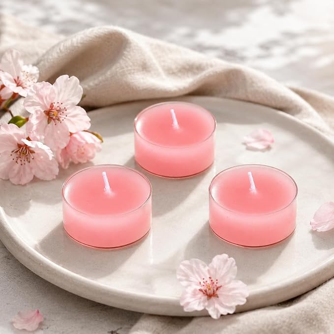 Cherry Blossom Scented Tealight Candles, Pink Scent Tea Lights Candles Clear Cup, 24 Pack Colored Tealights Candle, 6 Hour Burn Time Tea Candles for Party, Decor, Spa, Shabbat