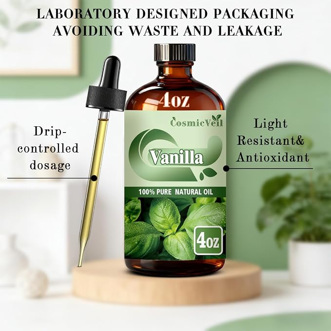 Vanilla Essential Oil Vanilla Oil for Aroma Diffuser,Humidifier,Home Fragrance,Cleaning,Body Care,Massage,Yoga,DIY Candle,DIY Soap CosmicVeil（Vanilla，4 Fl Oz (Pack of 1)）
