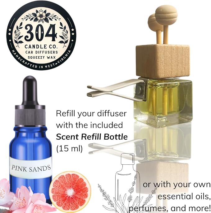 Cute Refillable Car Air Freshener Vent Clip 8mL – Pink Sands – 15mL Refill Included – Long Lasting Fragrance Oil Diffuser – 100% American Handmade Odor Eliminator