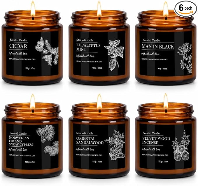 Scented Candles for Men, 6 Pack Soy Candle Gift Set, 150 Hour Burn Time, Sandalwood Cedar Aromatherapy Candles Gifts for Birthday Christmas for Men Dad Husband Boyfriend
