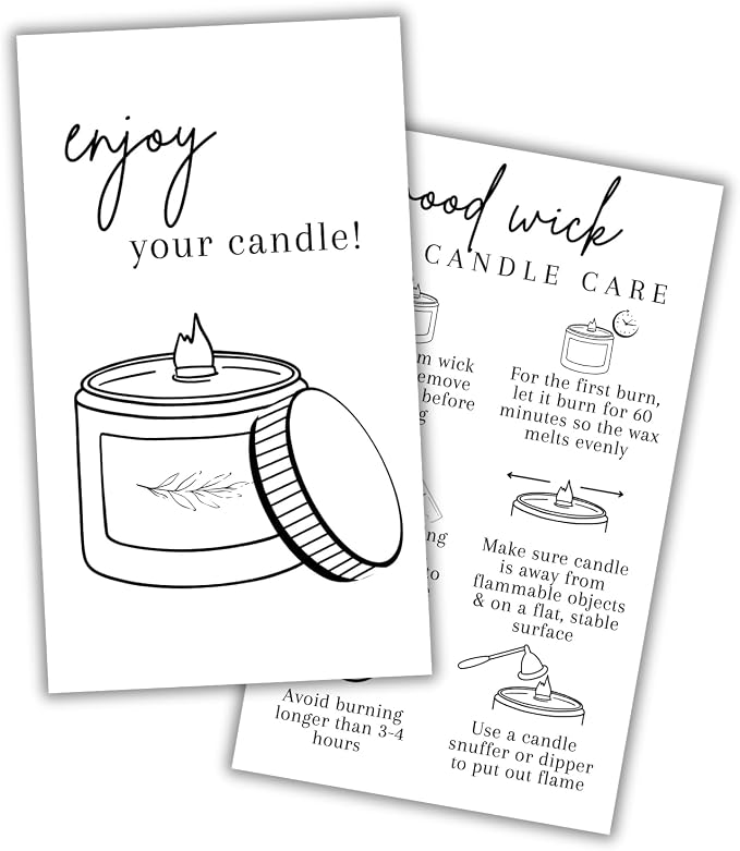 Wooden Wick Candle Care Instruction Cards 50pk 2x3.5” Wood Burning Custom Warning Label How To Cut Wick for Customers Thank You Cardstock