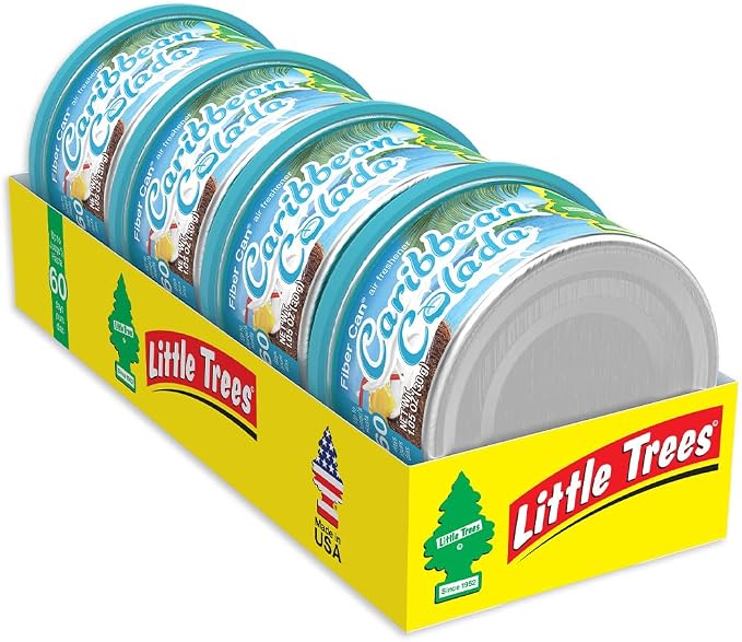 LITTLE TREES Car Air Freshener | Fiber Can Provides Long Lasting Scent for Auto or Home | Recycled Fiber | Caribbean Colada, 4 Air Fresheners