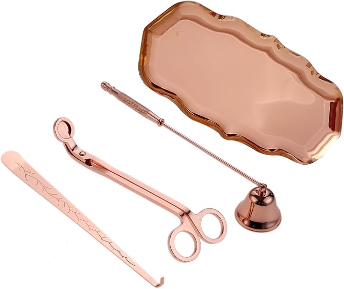 Candle Accessory Set Gift Box, Exquisite Wave Storage Tray Plate, Candle Wick Trimmer, Bell Candle Wick Snuffer, Candle Wick Dipper, 4-in-1 Candle Care Toll Kit for Scented Candle Lover, Rose Gold