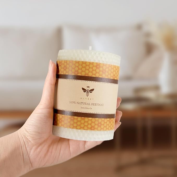 DEYBBY Natural White 3×4 in Beeswax Pillar Candle - Handmade Pure Organic Beeswax Honeycomb Rolled Candle for Home Study Decor Housewarming Gift
