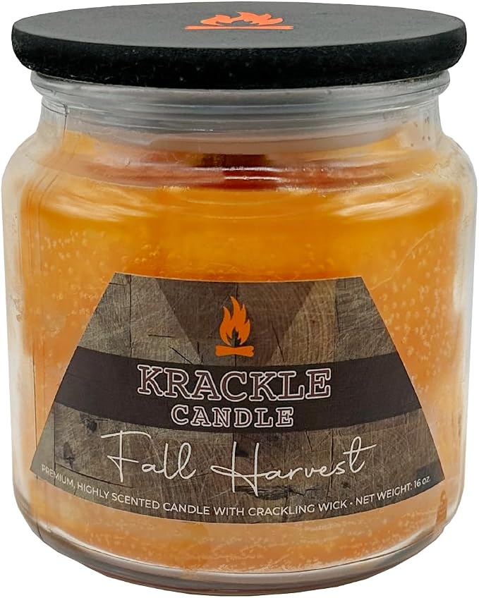 Krackle Candle | Fall Harvest | 16 oz Scented Candle with Natural Crackling Wooden Wick | Poured in the USA | Cinnamon, Nutmeg & Clove Fragrance