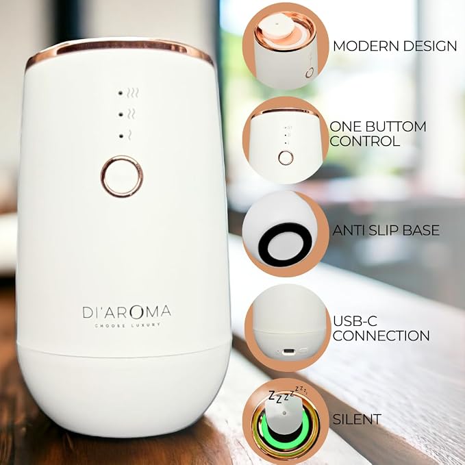 Waterless Essential Oil Diffuser – Portable Nebulizing Aroma Oil Diffuser for Car, Home & Office, USB Rechargeable, Silent Operation, No Water Needed, Di'Aroma (White)